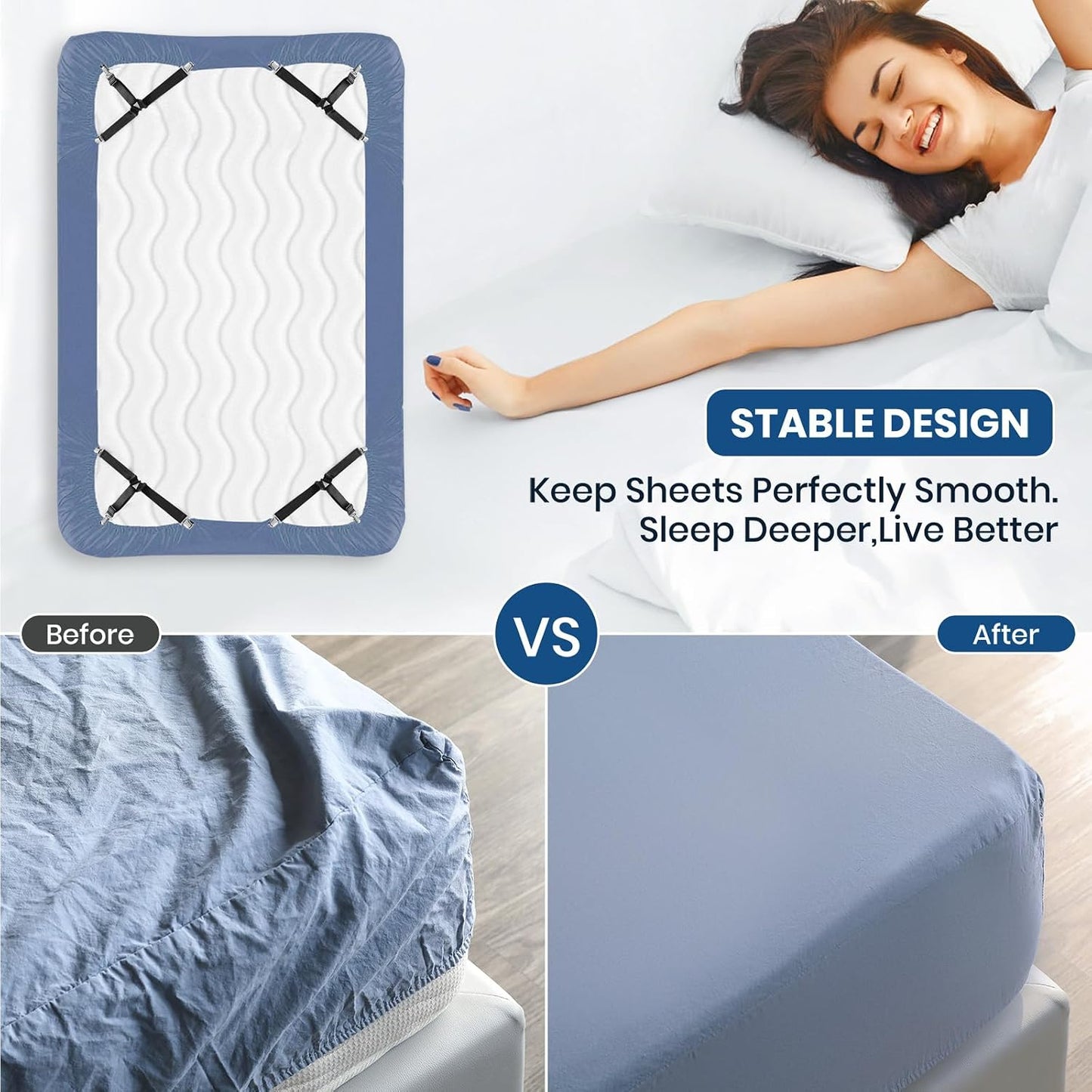 FeelAtHome Adjustable Bed Sheet Clips & Corner Fasteners, 4 Pack, White | Heavy Duty Elastic Straps Keep Fitted Sheets Securely in Place. Ideal Corner Holders for Twin, Queen, King, RV & Bunk Beds
