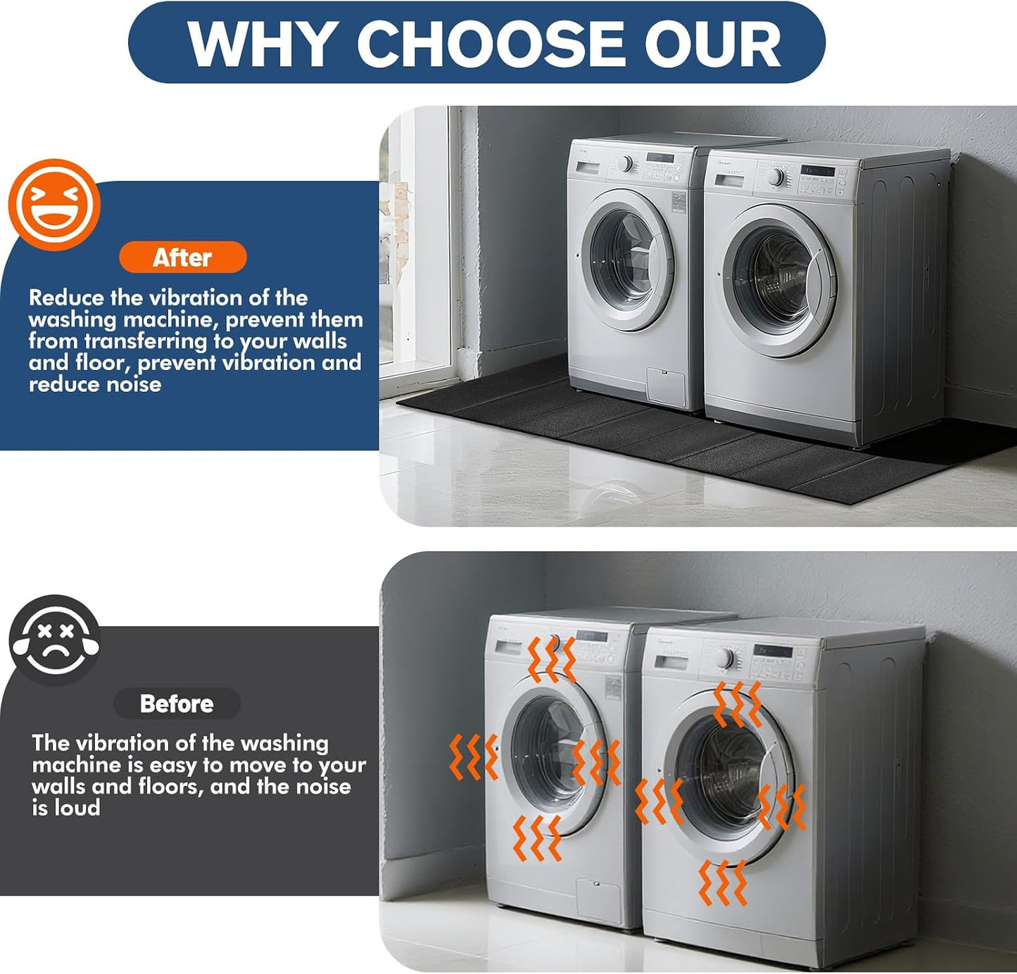 Washer Dryer Anti-Vibration Mat 62.9 * 29.5 Inches Foldable Rubber Mat for Washing Machine Dryer Waterproof Noise Reducing Pads Non-Slip Shockproof Mat for Floor Protection
