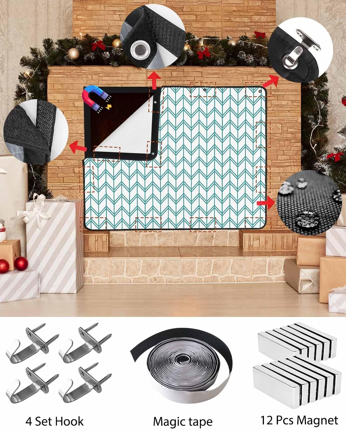 Magnetic Fireplace Cover Blue Geometric Waves Fireplace Screen Decorative Abstract Stripes Insulation Fireplaces Blocker Blanket Save Energy Fireplaces Draft Stopper Covers for Living Room 45x34 Inch