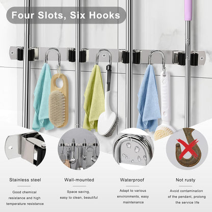 Mop Broom Holder Wall Mount, Gold Stainless Steel Tool Storage Organizer for Kitchen Garden Garage Laundry Room Bathroom and RV with 4 Slots 6 Hooks
