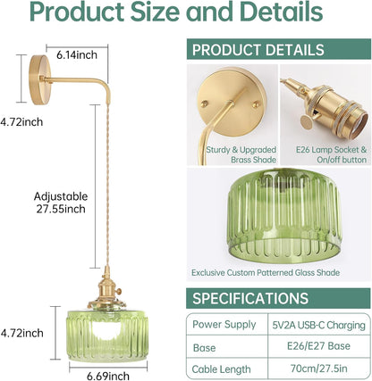 Shenmoyl Battery Operated Wall Sconce with Green Striped Shade Pattern Glass Adjustable Chain Retro Gold Wall Mounted Light, Modern Wall Lamp Fixtures Decor for Bedside Bedroom Indoor Doorway