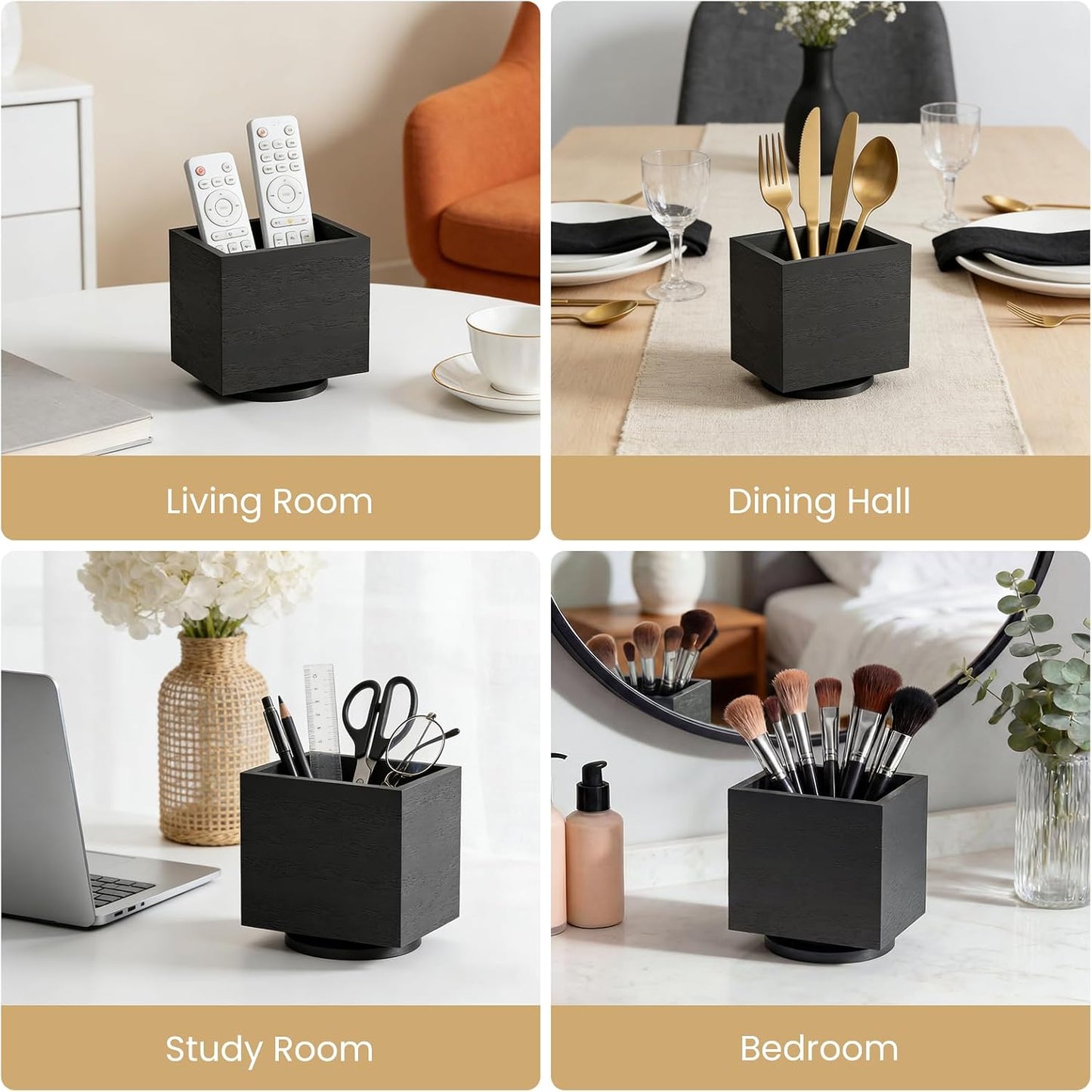 360° Rotating Remote Control Holder, Wooden TV Remote Holder for Table, Desk Organizer Caddy Media Storage Box for Living Room,Nightstand,Couch (Black)