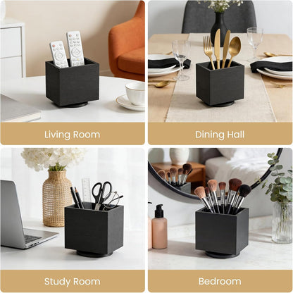 360° Rotating Remote Control Holder, Wooden TV Remote Holder for Table, Desk Organizer Caddy Media Storage Box for Living Room,Nightstand,Couch (Black)