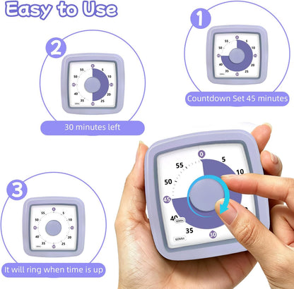 Visual Timer 60 Minute Timer Silent Countdown Clock – No Ticking, Gentle Ring with Mute Option, Timers for Kids Homework Classroom Management Kitchen Pasta, Adult Pomodoro & Deep Work, Purple