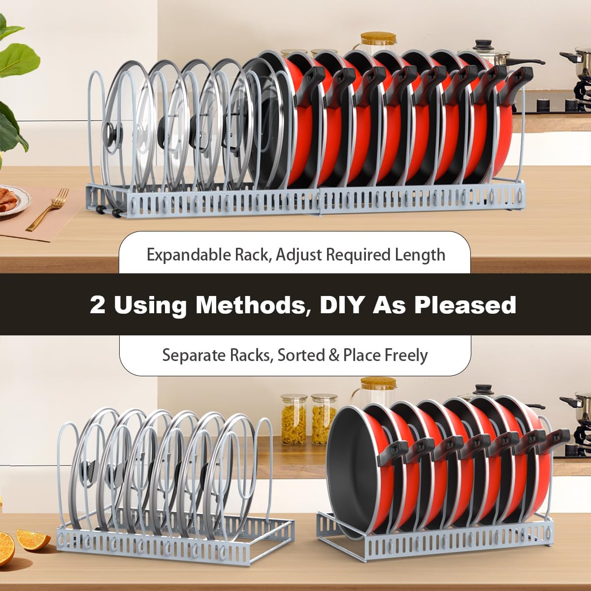 Housolution Pot and Pan Lid Organizer Holder Storage Rack, Black | 12"-23" Expandable, 14 Adjustable Dividers, Sturdy Metal Construction, Easy Assembly