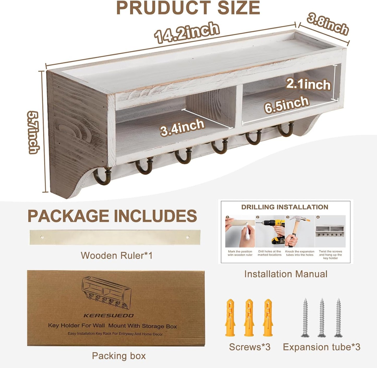 Key Holder Wall Mount with Mail Organizer, 6 Hooks & Shelf, Brown | Wood Key Holder Wall Mount with 6 Key Hooks, Shelf & Storage Box and Mail Organizer for Entryway, Apartment, Home and Office