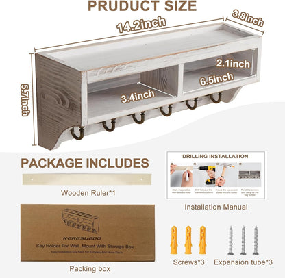 Key Holder Wall Mount with Mail Organizer, 6 Hooks & Shelf, Brown | Wood Key Holder Wall Mount with 6 Key Hooks, Shelf & Storage Box and Mail Organizer for Entryway, Apartment, Home and Office
