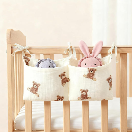 Baby Bedside Hanging Storage Bag Muslin Cotton Teddy Bear, Crib Diaper Caddy Organizer 2 Pockets, Nappy-Dormitory Nursery Organization Holder for Cribs, Playard or Wall Milk Bottle Bib Organizing