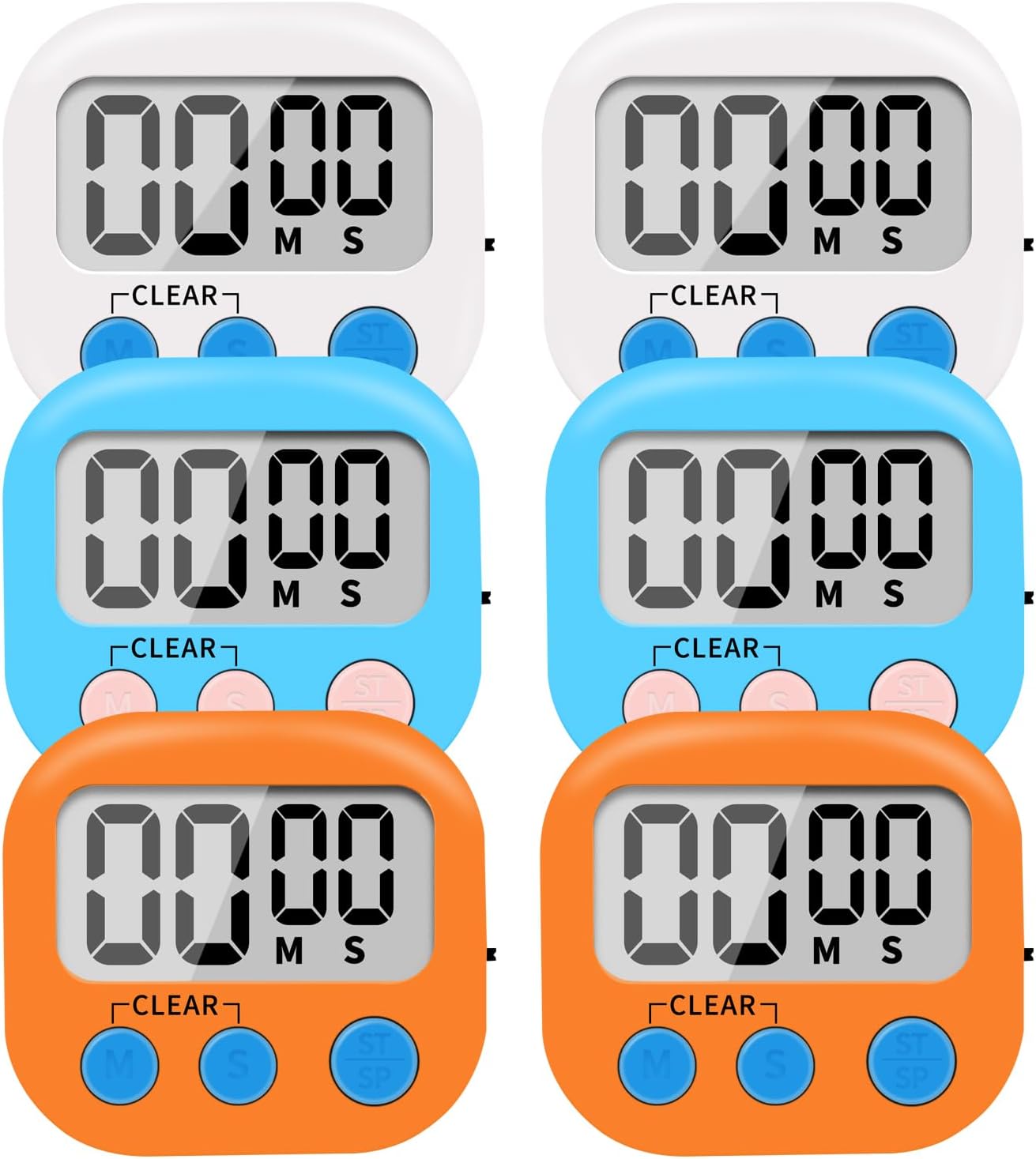 6 Pack Small Digital Kitchen Timer Magnetic Back and ON/Off Switch,Minute Second Count Up Countdown (Multicolored)