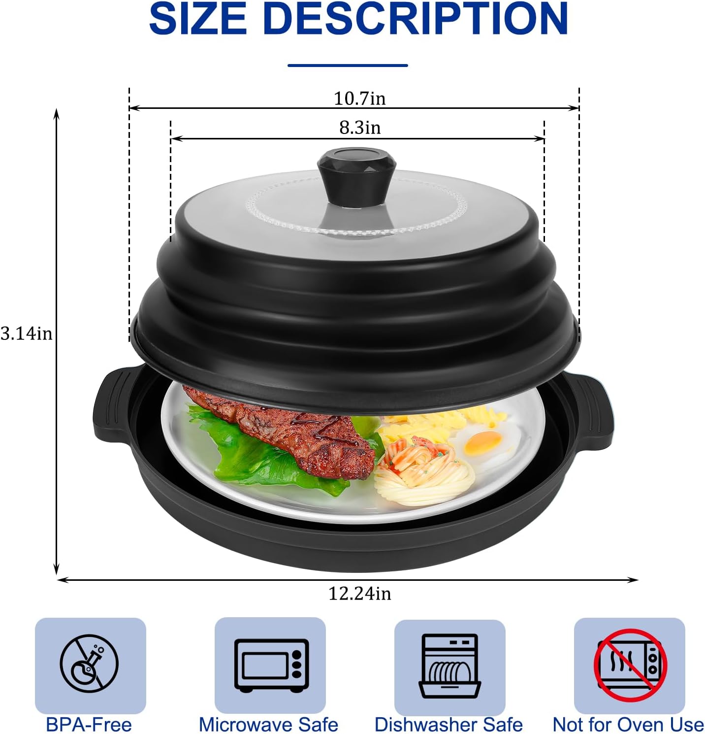 Microwave Splatter Cover for Food with Handle &Heat-Resistant Mat, 10.7" Collapsible Microwave Plate Cover - BPA Free, Dishwasher Safe Food Lid, Multi-Use Colander & Steamer for Meal Prep （Black）