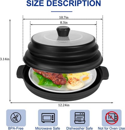 Microwave Splatter Cover for Food with Handle &Heat-Resistant Mat, 10.7" Collapsible Microwave Plate Cover - BPA Free, Dishwasher Safe Food Lid, Multi-Use Colander & Steamer for Meal Prep （Black）