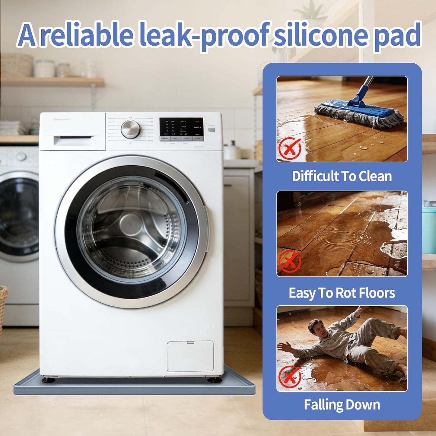 27x27 Inch Foldable Silicone Washing Machine Drain Pan Grey | 0.78 Inch Raised Lip, Waterproof Leak Proof, Non Slip Drain Tray, For Washer, Dryer, Fridge, Dishwasher