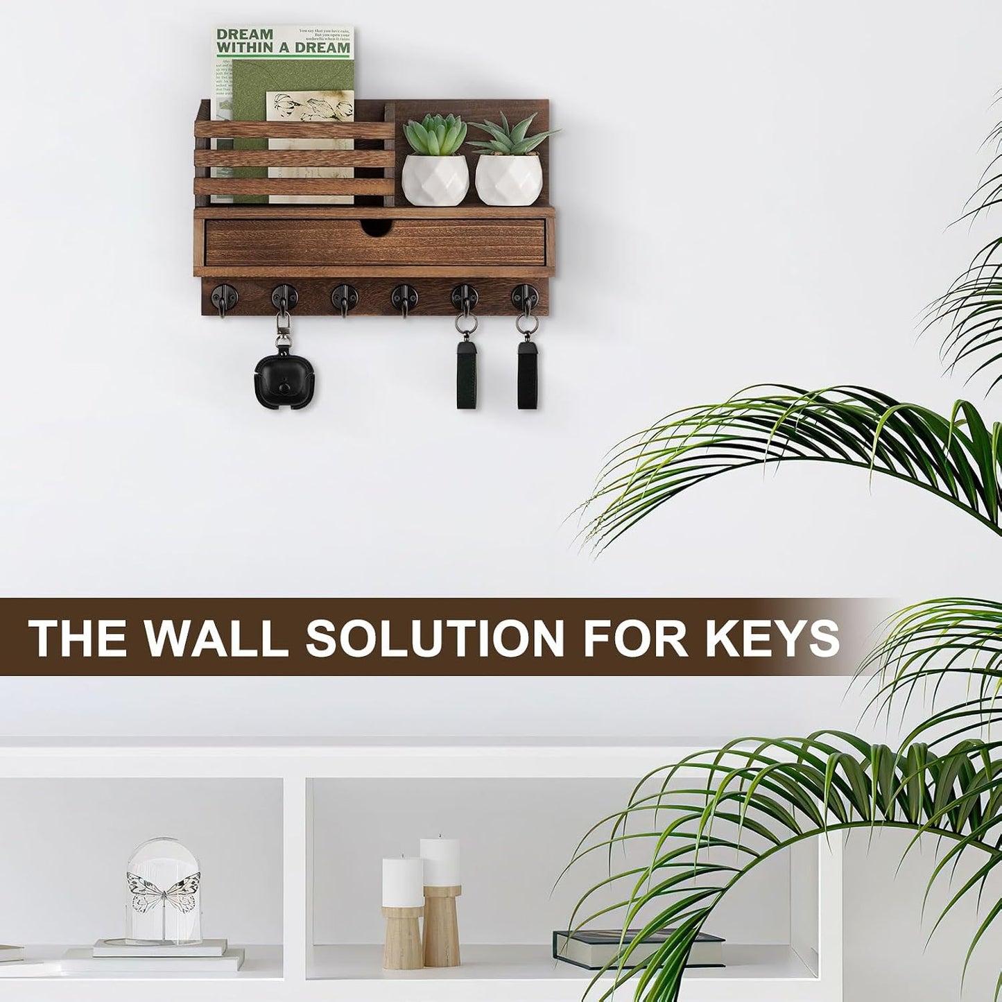 Key Holder Wall Mount, Mail Holder with Storage Drawer | Key and Mail Holder with 5 Key Hooks for Coat, Dog Leash, Home Decor Rack, House Accessories, Entry Way Organizer
