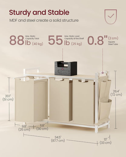 VASAGLE Laundry Hamper, Laundry Basket Sorter with 3 Pull-Out and Removable Bags, Shelf, Metal Frame, 3 x 10.6 Gallons (40 L), 36.4 x 13 x 28.4 Inches, Cappuccino Beige and Natural Beige UBLH301LH01