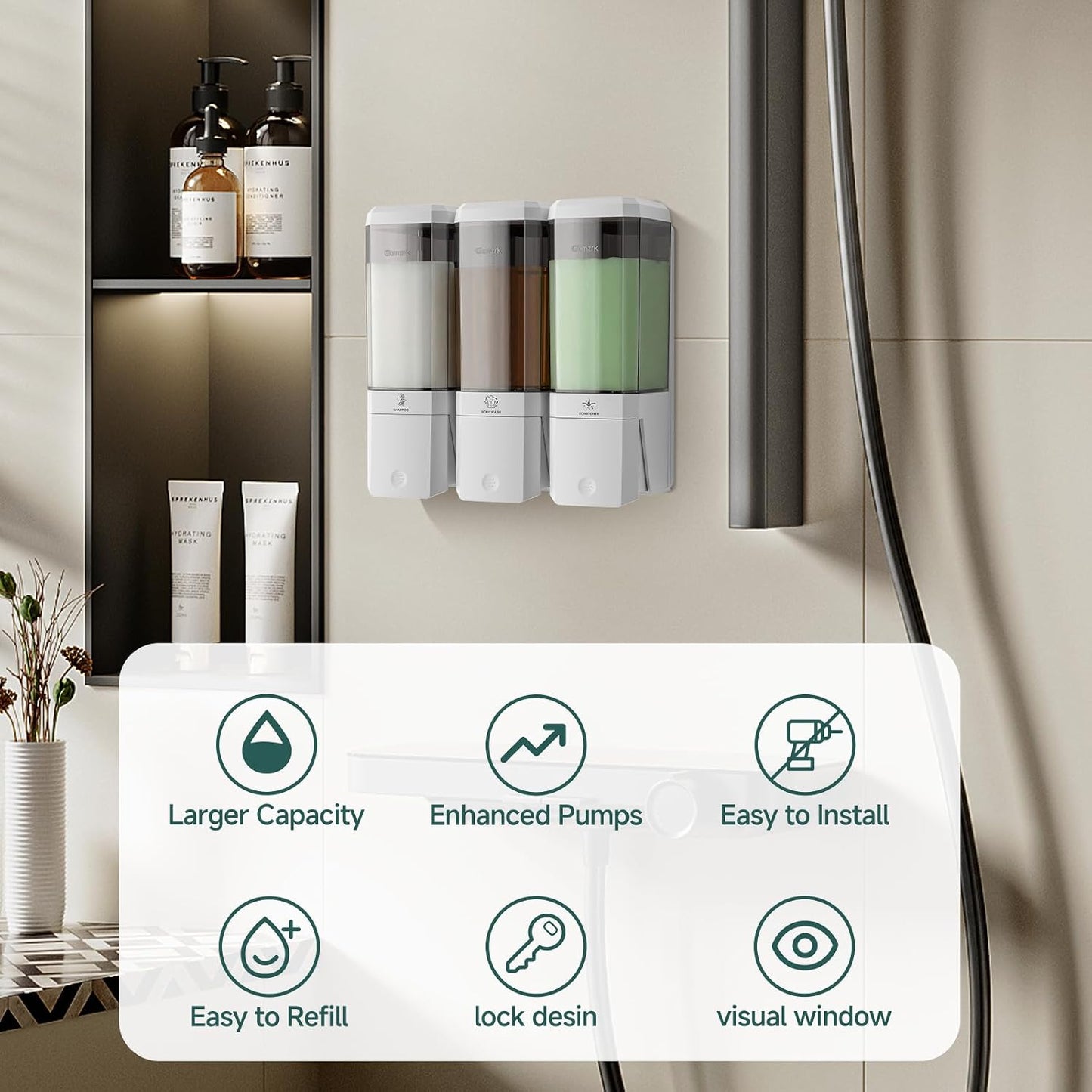 Shampoo and Conditioner Dispenser 3 Chamber No Drill Shampoo Dispenser for Shower Wall Mounted Shower Soap Dispenser 3 * 500ml Refillable Shower Dispenser for Bathroom Hotel(Black 3 Chamber)
