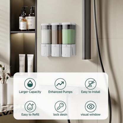 Shampoo and Conditioner Dispenser 3 Chamber No Drill Shampoo Dispenser for Shower Wall Mounted Shower Soap Dispenser 3 * 500ml Refillable Shower Dispenser for Bathroom Hotel(Black 3 Chamber)