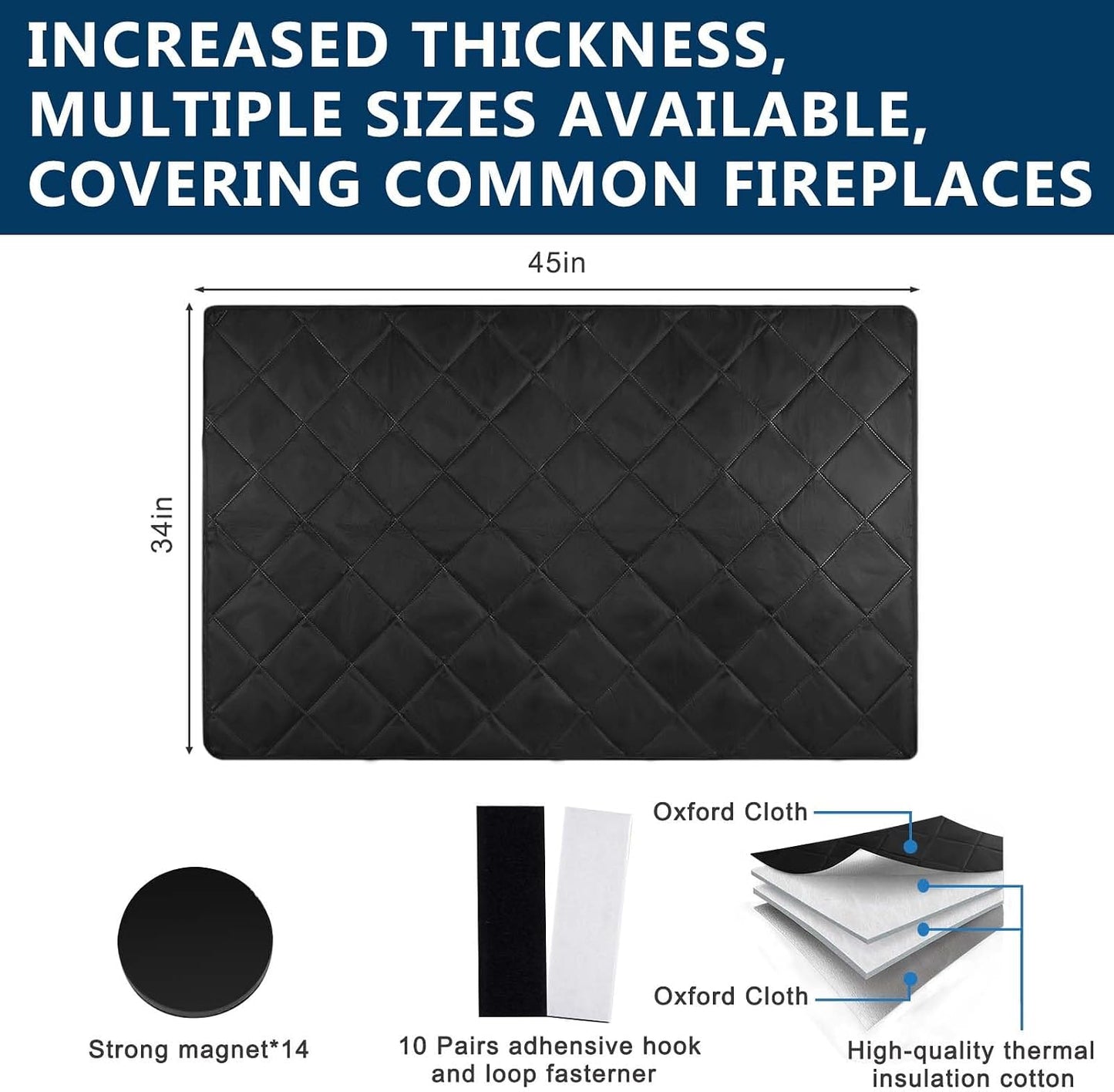 Magnetic Fireplace Cover Blanket Draft Stopper 45*34in Brick Fireplace Screen Insulation Cover Chimney Cold Air Blocker with Strong Magnet Hook-and-Loop Fasteners for Winter Iron Frame Stops Heat Loss