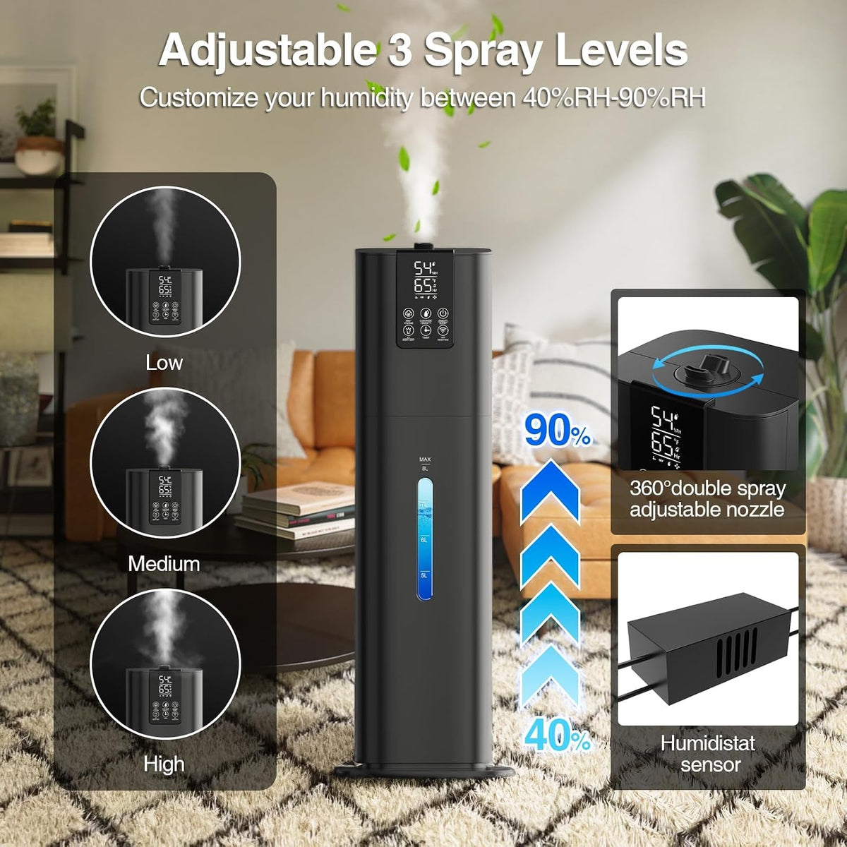 Smart Humidifiers Large Room Bedroom Home,2.11Gal(8L) Quiet Top Fill Cool Mist Humidifier,Smart App & Remote Control, 3 Speed Humidifier with 360°Nozzle,Humidity Setting for Baby Office Plant(White)