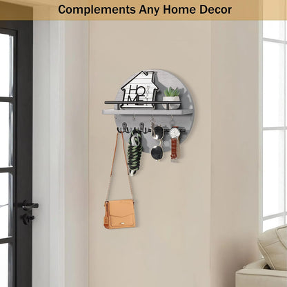 Key Holder for Wall Decorative with Shelf and Hooks, Mail Organizer Wall Mount with Sunglasses Holder, Circular Design Entryway Key Rack Hanger, Rustic Home Decor Boho Wall Decor (White)