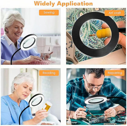 Magnifying Glass with Light Flexible Gooseneck Book Light Craft Lamp 12W 3 Colors Dimmable LED Desk Lamp for Reading Book in Bed at Night Clip on Table, Headboard Working,Studying