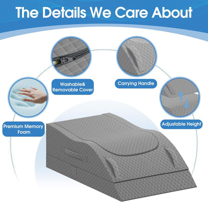 TranquilRelax Leg Elevation Pillows for After Surgery, Wedge Pillow, Grey | Memory Foam, All-around Knee & Ankle Support for Swelling, Height-adjustable, Nop-Slip Bottom, Washable Cover, Single-leg