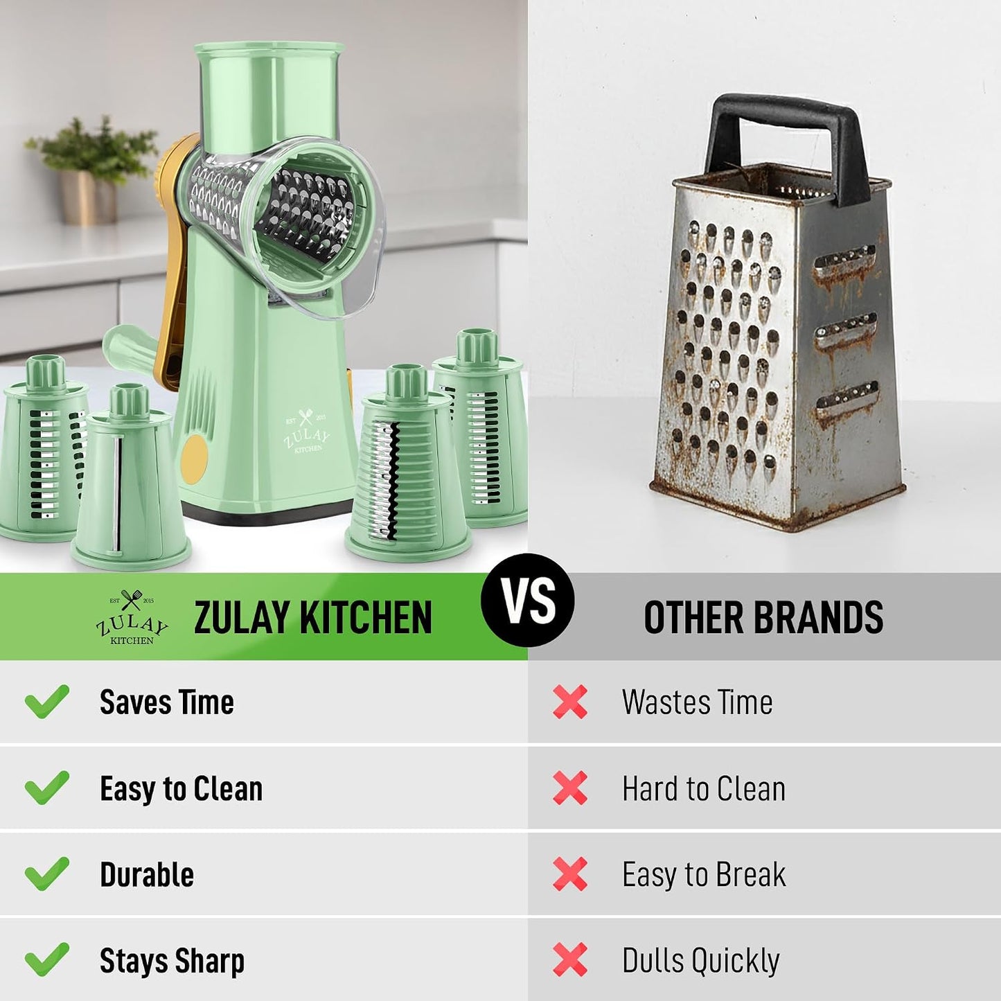Zulay Kitchen Rotary Cheese Grater 5 Blade Cheese Shredder - Manual Hand Crank Cheese Grater With Reinforced Suction & 5 Interchangeable Drums - Easy to Use, Vegetable Chopper Round Mandoline Slicer - Colors B