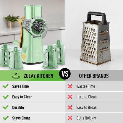 Zulay Kitchen Rotary Cheese Grater 5 Blade Cheese Shredder - Manual Hand Crank Cheese Grater With Reinforced Suction & 5 Interchangeable Drums - Easy to Use, Vegetable Chopper Round Mandoline Slicer - Colors B