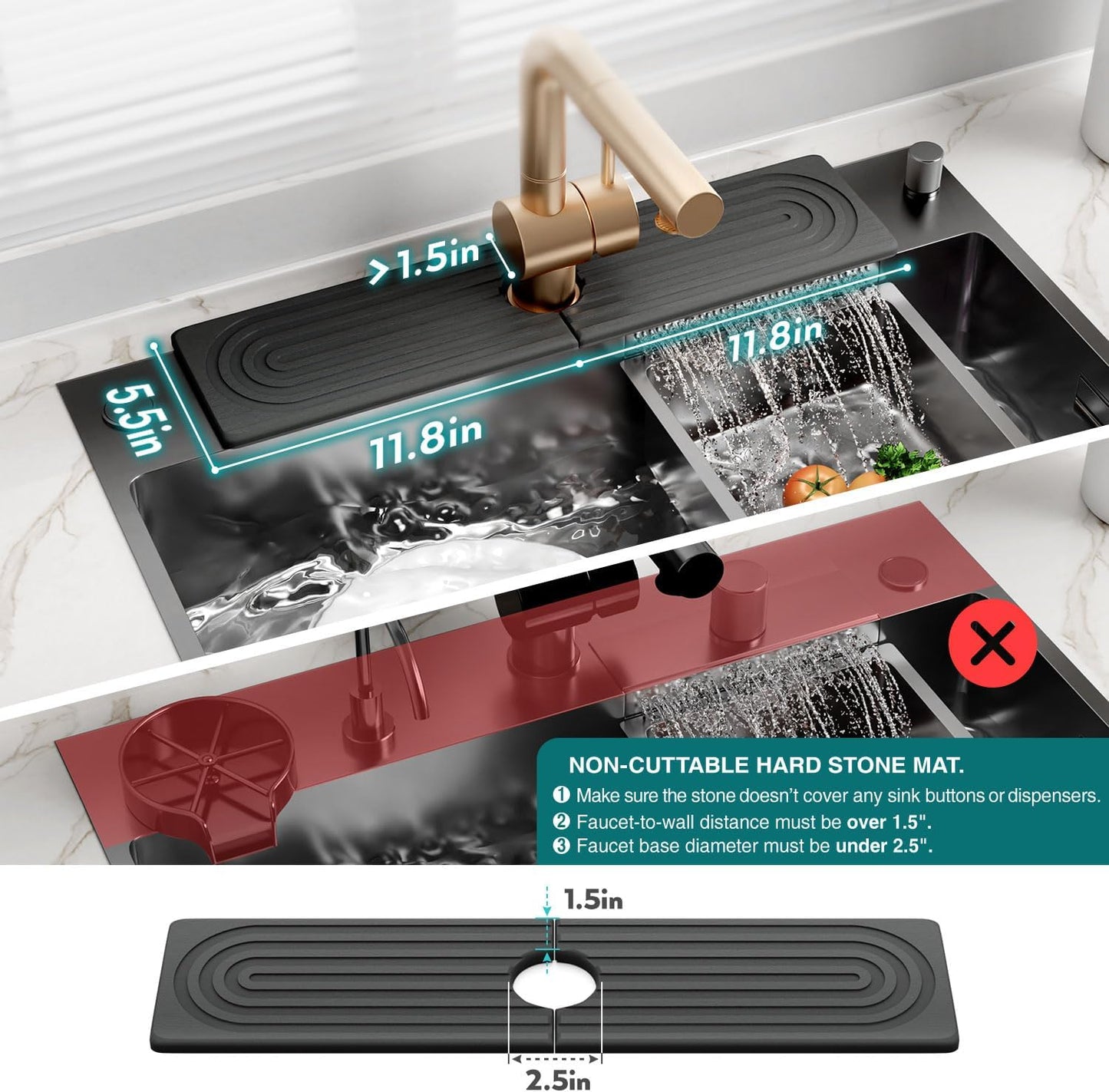 Stone Faucet Mat for Kitchen Sink – Diatomite Drying Stone Mat & Sink Protector, Prevents Moisture – Sink Splash Guard Water-Absorbing Stone Tray for Bathroom Counter (Light Grey, 20" x 3.9")