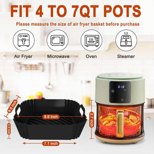 2 Pack Silicone Air Fryer Liners Reusable, 7.1 Inch Airfryer Liner 4-7 QT Square Air Fryer Liners Silicone Pot Oven Liner Baking Tray, AirFryer Basket Mat Bowl Accessories