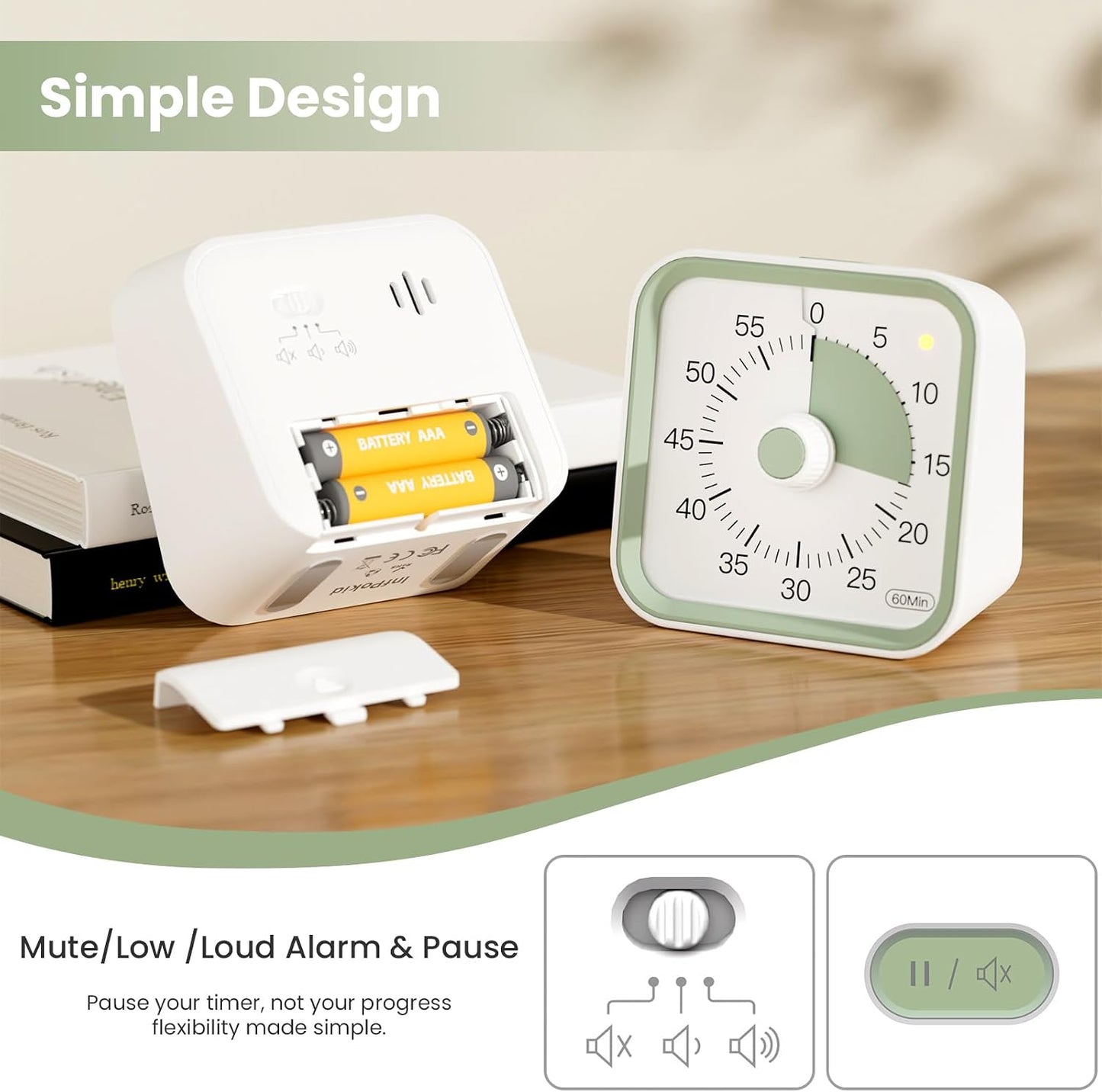 Visual Timer for Kids, Countdown Timer with Pause Function, White | Timer for Kitchen Cooking, Classroom, Study, Toddler, ADHD, Cute Timer Clock, Alarm 3 Volume Levels, Light Indicator