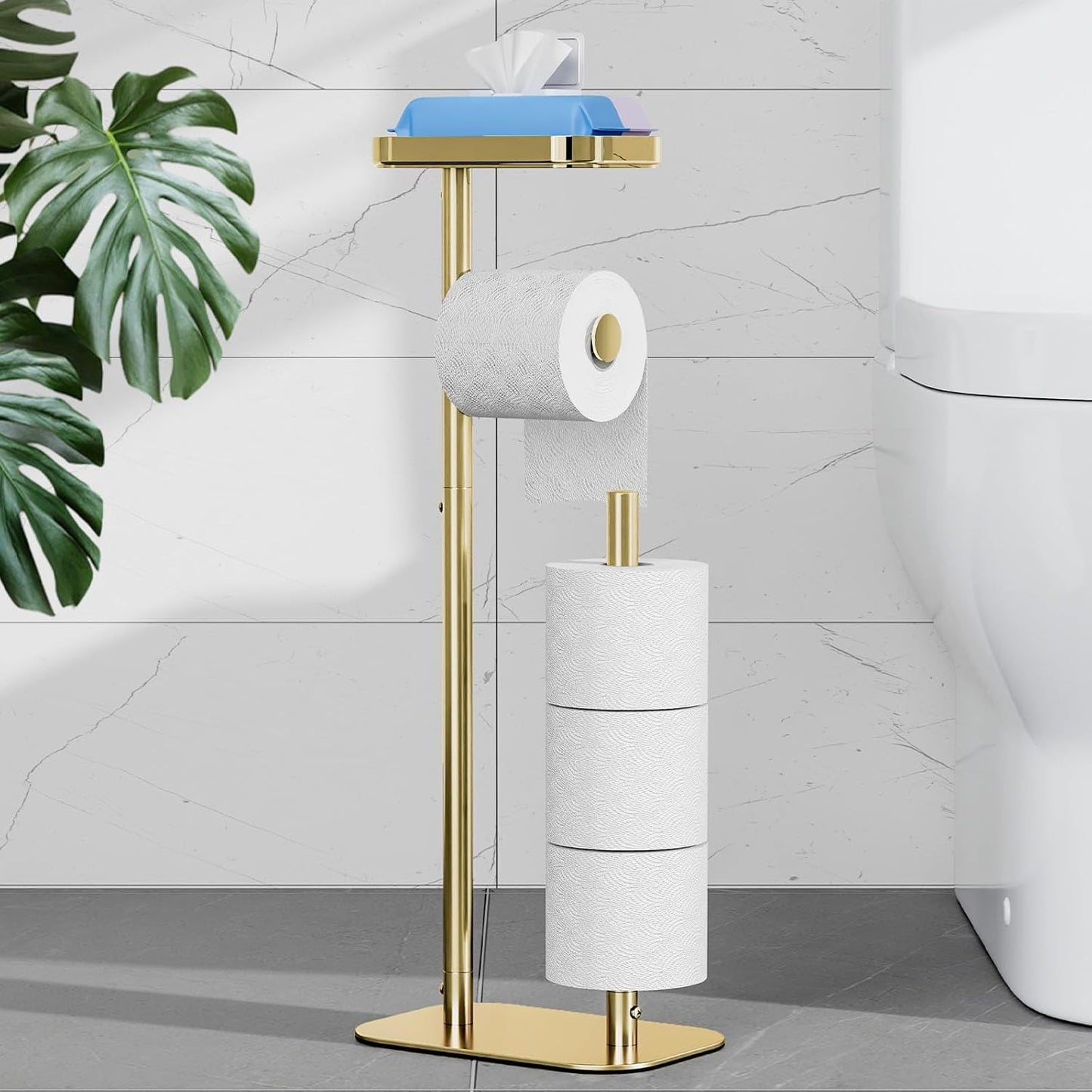 Kitsure Metal Toilet Paper Holder Free Standing, Medium, Black | Rustproof Toilet Paper Stand for 4 Rolls, Bathroom Organizers and Storage with Anti-Slip Base and Plastic Shelf