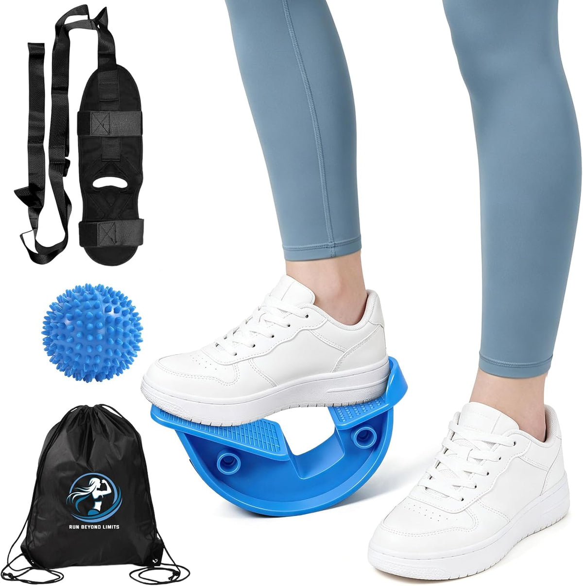 JIURUN Calf Stretcher and Foot Rocker for Plantar Fasciitis - Leg Stretching Strap, Hamstring and Calf Stretcher, Suitable for Stretching Legs and Thighs (Blue)