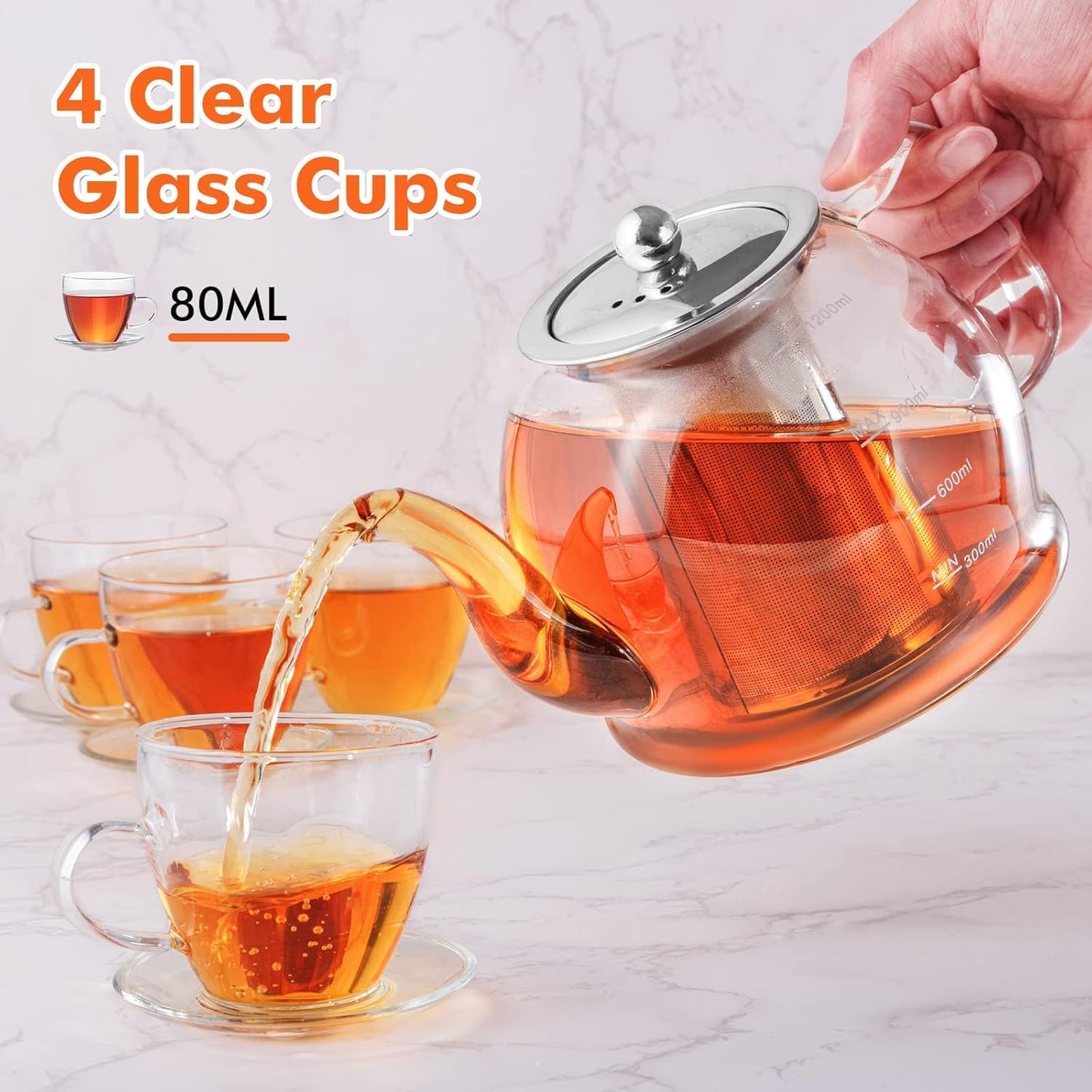 Glass Teapot, 40oz/1200ml Tea Pot with Removable Infuser for Loose Tea | Stovetop Safe Borosilicate Glass Tea Kettle with Strainer and Lid, Hand Crafted Clear Teapot with Scale Line,Tea Brewer Guide