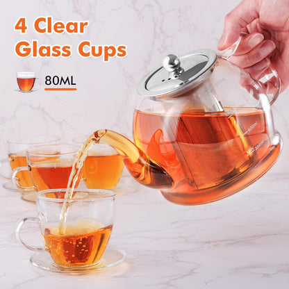 Glass Teapot, 40oz/1200ml Tea Pot with Removable Infuser for Loose Tea | Stovetop Safe Borosilicate Glass Tea Kettle with Strainer and Lid, Hand Crafted Clear Teapot with Scale Line,Tea Brewer Guide