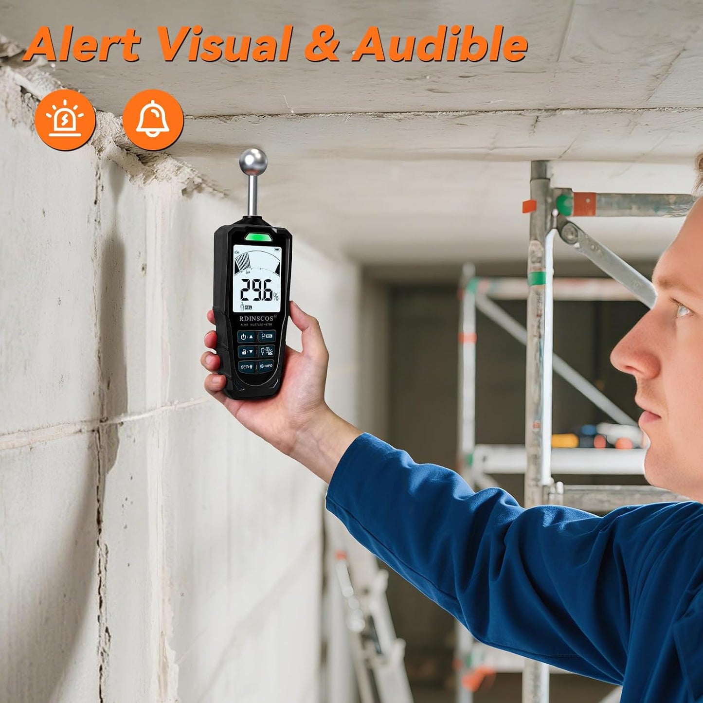 Pinless Moisture Meter for Wall,Floor – Digital Moisture Tester | With 3-Color LCD Display, Audible Alarm & HOLD Function, Ideal for Home Inspections