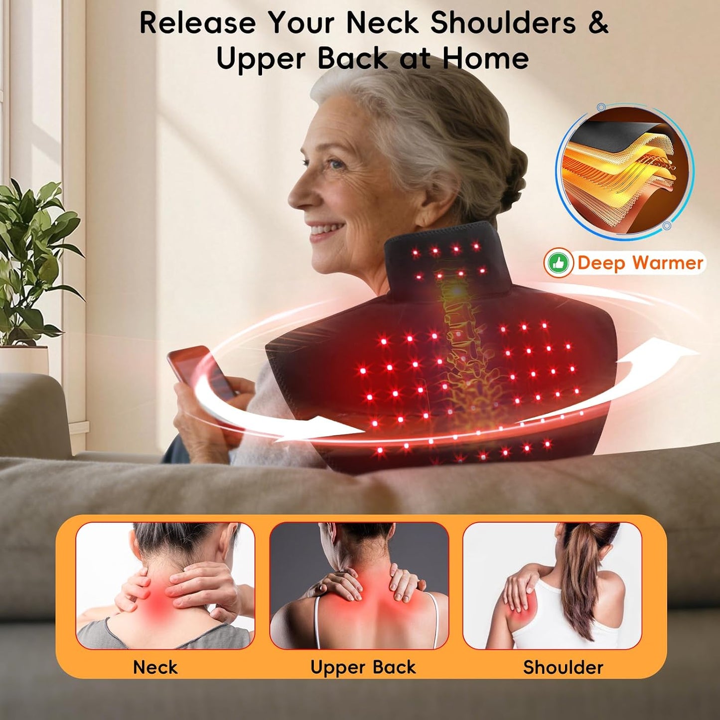 Cordless Red Light Therapy for Neck & Shoulders Pain Relief, 850nm Infra Device for Upper Back Muscle Relax with Timer, Rechargeable 660nm Wearable Heating Pad, for Women Men