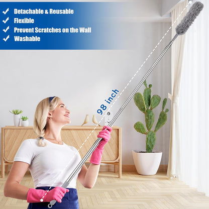 Feather Duster Set (4 Pieces), 30-100 inch Microfiber Retractable Gap Duster for Cleaning Ceilings, Furniture Refrigerators and Under Sofas | Bendable Head for Corner Cleaning, Washable Reusable Duster, Household Tool for Ceiling Furniture Under Sofa