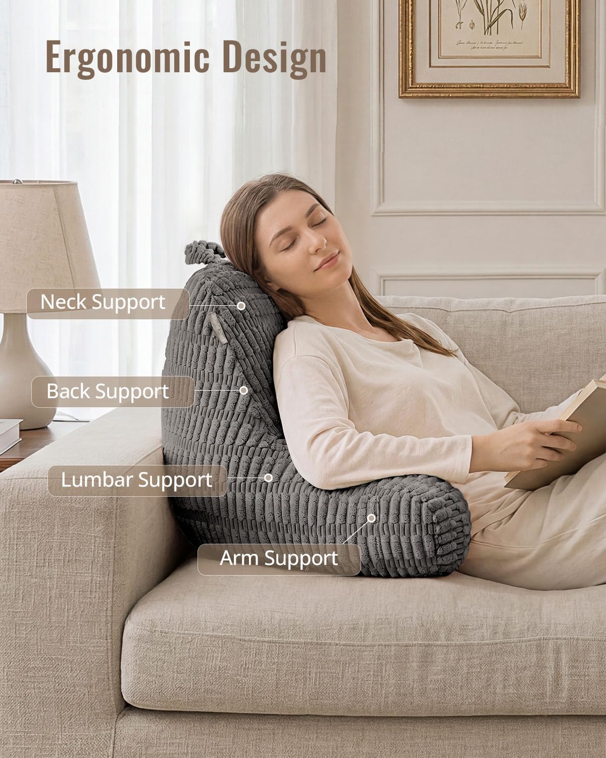 Blissful Diary Reading Pillow, Backrest Pillow with Shredded Memory Foam for Adult & Children, Designed for Bed and Couch Sitting Up, Includes Arms, Pockets and Washable Cover, Off White