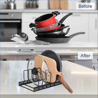 Toplife Pot Lids Organizer Rack for Cabinet and Countertop, 7+ Pan Lids and Bakeware Organizer Rack Holder with 7 Adjustable Compartments - Black