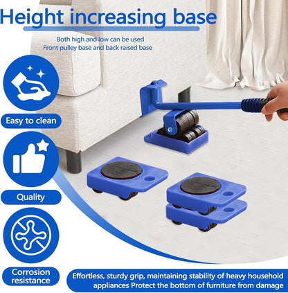 Huakaile Heavy Duty Furniture Lift Mover Tool Set, 1322 Lbs Load Capacity Furniture Lifter with Wheels Pallet, Adjustable Appliance Rollers Dolly for Table Refrigerator Floors Cabinet (Blue)