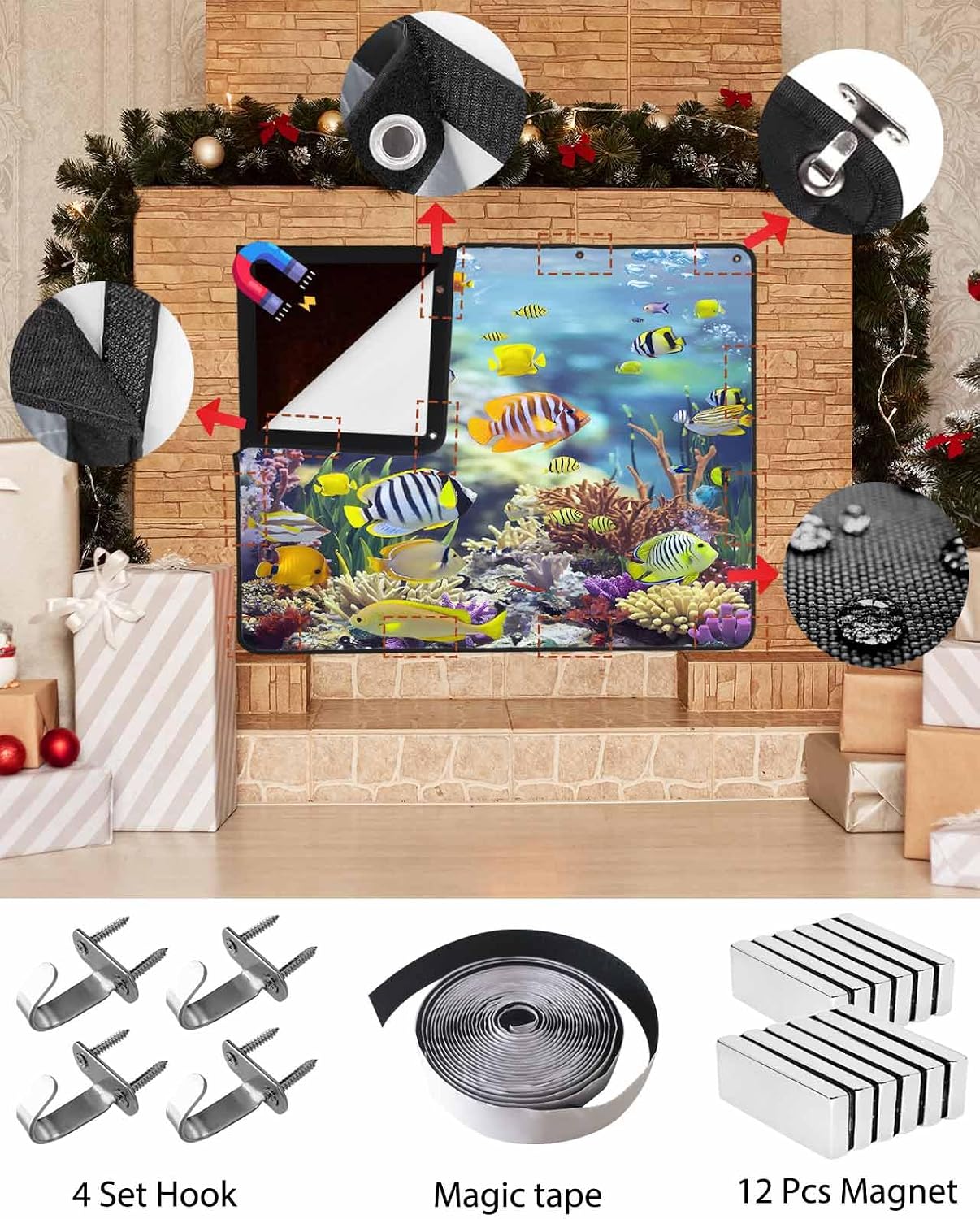 Coastal Magnetic Fireplace Cover, Fireplace Draft Blocker, Fish Nautical Summer Beach Ocean Fireplaces Blanket for Heat Loss/Cold Air, Fireplaces Draft Stopper Cover for Inside 45"x34"