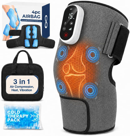 SereneLife 3-in-1 Air Compression Knee Massager with Heat and Vibration, Rechargeable Cordless Knee Wrap, 4 Airbags, 4 Vibration Modes, 2 Heat Settings, Smart LED Controller, Ice Pack, Carry Bag