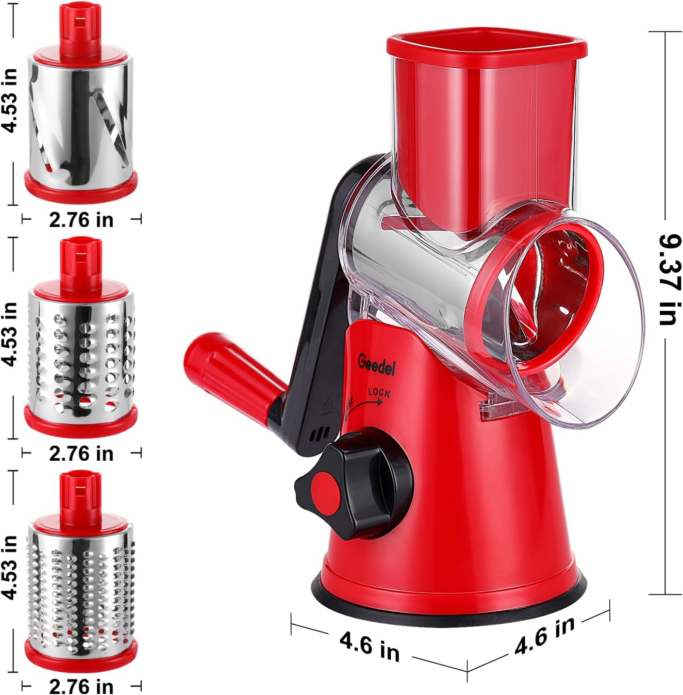 Geedel Rotary Cheese Grater, Kitchen Mandoline Vegetable Slicer with 3 Interchangeable Blades, Easy to Clean Rotary Grater Slicer for Fruit, Vegetables, Nuts | 3 Blades, 430 Stainless Steel, 12x Fast Cutting, Strong Suction Base, No BPA, Dishwasher Safe,