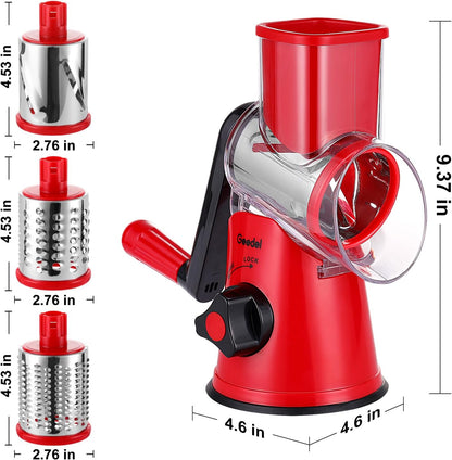 Geedel Rotary Cheese Grater, Kitchen Mandoline Vegetable Slicer with 3 Interchangeable Blades, Easy to Clean Rotary Grater Slicer for Fruit, Vegetables, Nuts | 3 Blades, 430 Stainless Steel, 12x Fast Cutting, Strong Suction Base, No BPA, Dishwasher Safe,