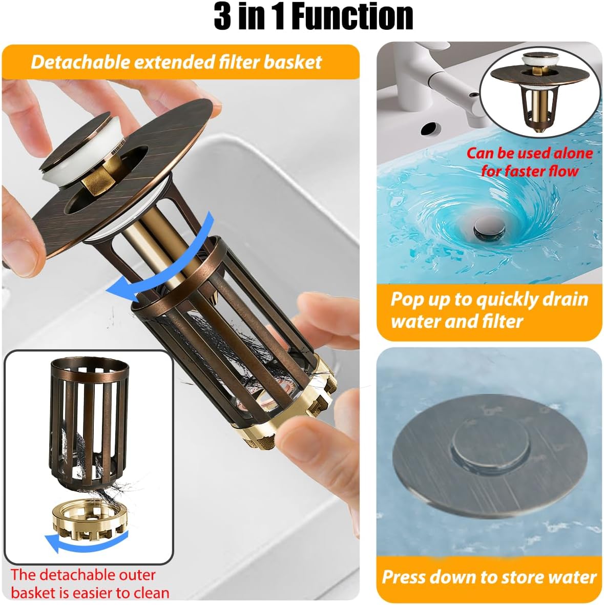 Anlige Bathroom Sink Drain Strainer, 3 in 1 Pop Up Bathroom Sink Stopper with Removable Brass Basket Hair Catcher, Universal Sink Plug for 1.06 to 1.6in Drain Hole, Chrome Silver