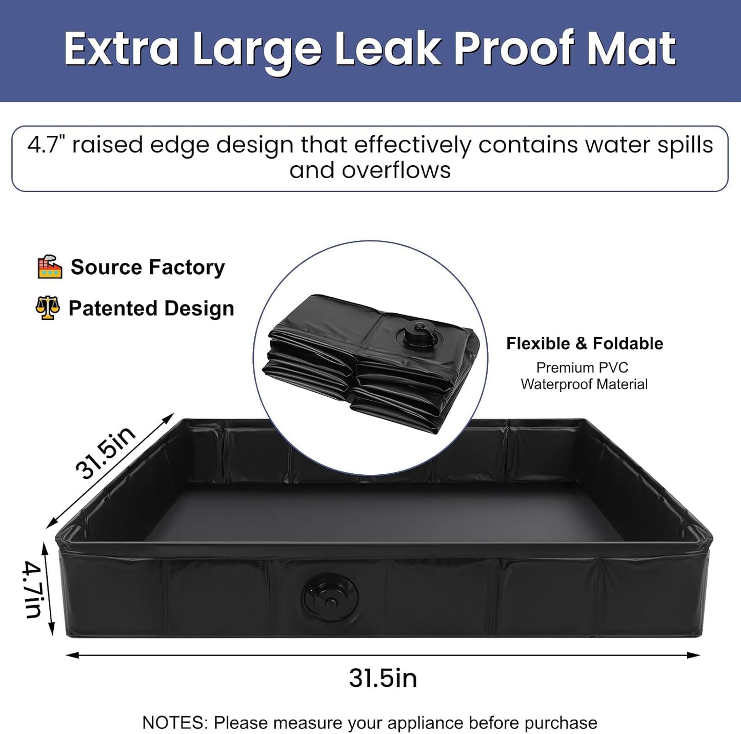 Large Washing Machine Pan with Anti-Vibration Feet 31" x 31" Foldable | Waterproof Under Washer and Dryer Drain Pan Floor Protector 4.7" Raised Edge Mat for Sudden Water Leakage Black