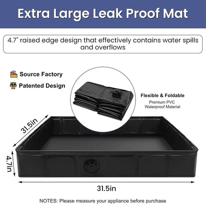 Large Washing Machine Pan with Anti-Vibration Feet 31" x 31" Foldable | Waterproof Under Washer and Dryer Drain Pan Floor Protector 4.7" Raised Edge Mat for Sudden Water Leakage Black