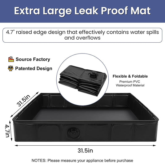 Large Washing Machine Pan with Anti-Vibration Feet 31" x 31" Foldable | Waterproof Under Washer and Dryer Drain Pan Floor Protector 4.7" Raised Edge Mat for Sudden Water Leakage Black