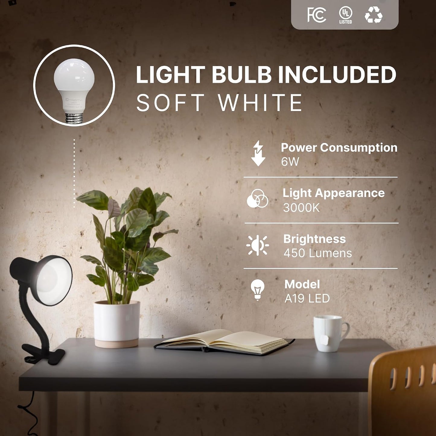 Xtricity LED Clip on Desk Lamp with 360° Flexible Gooseneck, White Finish | Reading Light for Bed Headboard– A19 Bulb Included, 120V, On/Off Switch, 10.25” Height Table Lamp