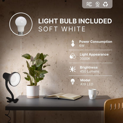 Xtricity LED Clip on Desk Lamp with 360° Flexible Gooseneck, White Finish | Reading Light for Bed Headboard– A19 Bulb Included, 120V, On/Off Switch, 10.25” Height Table Lamp